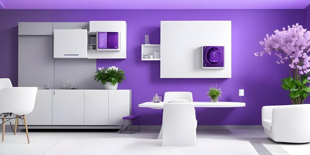 Interno di sicurezza informatica della casa intelligente con nuova tecnologia zona soggiorno di colore viola chiaro e bianco