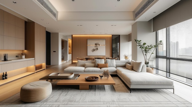 Interno di spazioso soggiorno con layout libero in appartamento di lusso Area soggiorno accogliente con divano d'angolo cucina moderna con elettrodomestici incorporati vetrate panoramiche con vista sulla città