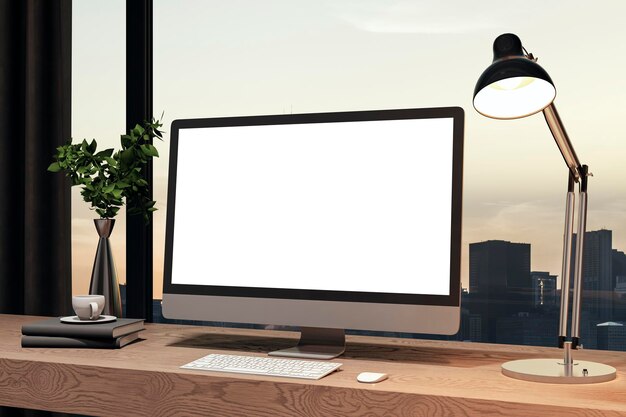 Interno di ufficio di designer contemporaneo con schermo di computer bianco vuoto finestra panoramica con vista sulla città sullo sfondo Rendering 3D