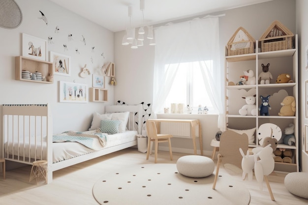 Interno di un'accogliente camera da letto per bambini in stile scandinavo IA generativa