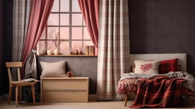 Interno di un'accogliente camera da letto singola decorata con piumette e tende Spazio per il testo