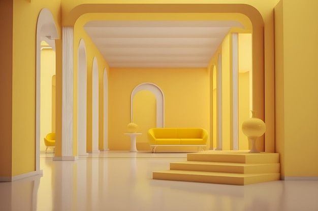 Interno di un'accogliente sala d'attesa minimalista o sala d'attesa in colore giallo alla moda con divano giallo