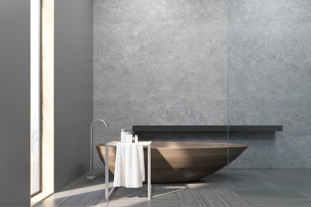 Interno di un bagno con finestra stretta, vasca in legno, pareti in cemento e un lungo ripiano. rappresentazione 3d. Modello.