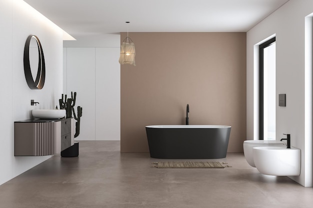 Interno di un bagno moderno con pareti bianco-beige, pavimento in cemento, lavabo bianco su bancone in marmo.