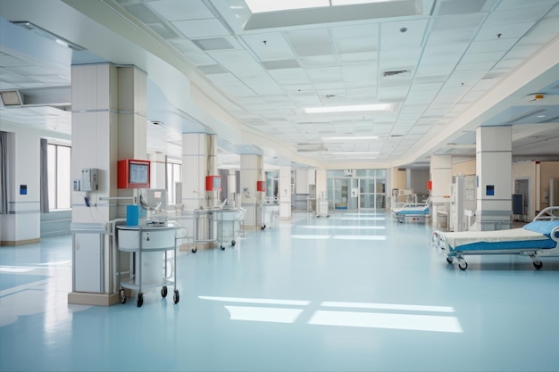 Interno di un corridoio ospedaliero con letti e attrezzature mediche per i pazienti