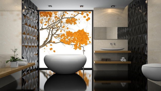 Interno di un elegante bagno con pavimento nero rendering 3D