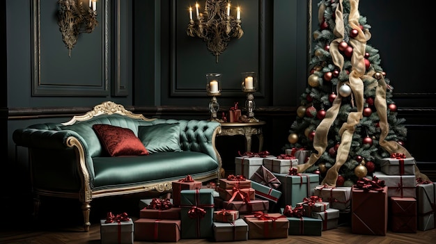 Interno di un elegante soggiorno ornato con un albero di Natale e regali natalizi