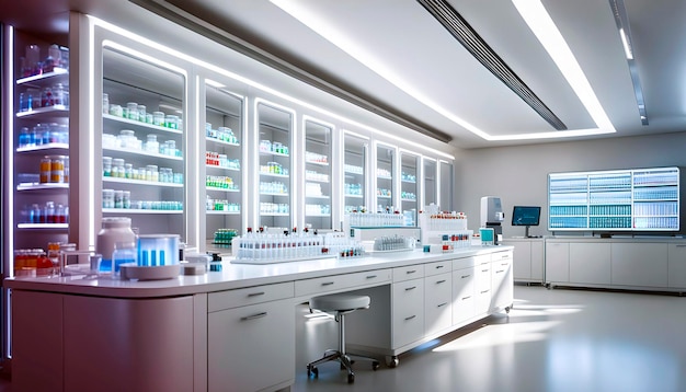 Interno di un moderno laboratorio medico con attrezzature ed esperimenti scientifici
