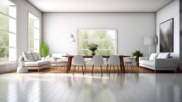 Interno di un moderno salotto bianco minimalista con sala da pranzo comodi divani tavola da pranzo in legno