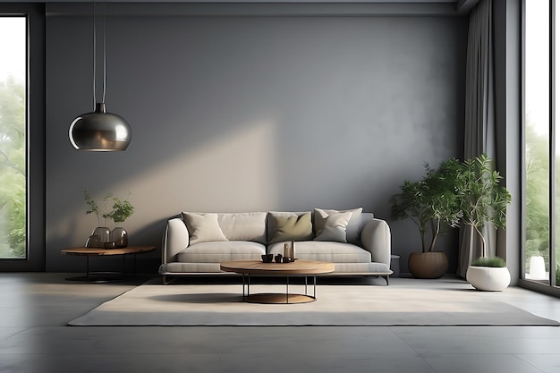 interno di un moderno soggiorno con pareti grigie pavimento in cemento comodo divano grigio