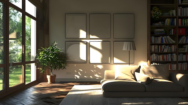 Interno di un moderno soggiorno con pareti in legno marrone, divano bianco e piante rendering 3D