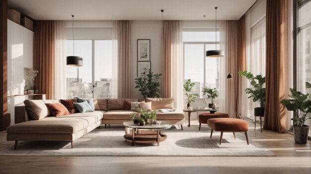 Interno di un moderno soggiorno con pareti in legno pavimento in legno comodo divano marrone