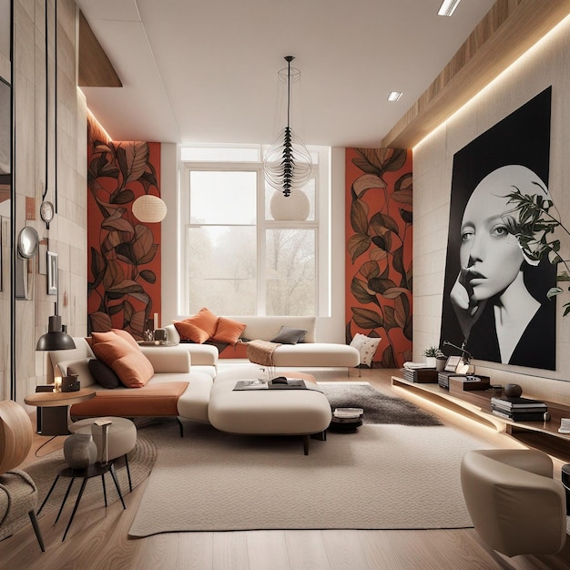 Interno di un moderno soggiorno con pareti in marmo blu e arancione, pavimento in legno, comodo divano e