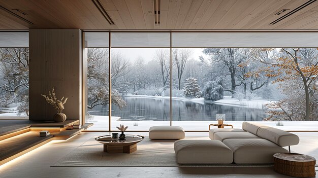 Interno di un moderno soggiorno con vista sul lago