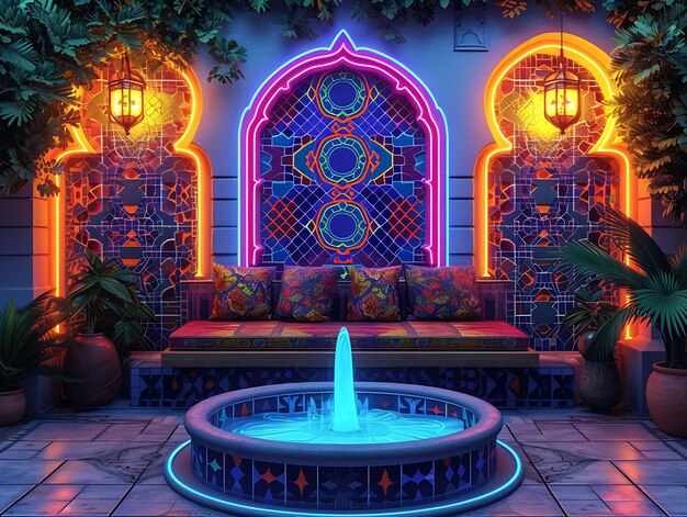 Interno di un patio in stile marocchino con una fontana di piastrelle in mosaico e un concetto di design di layout vibrante VR