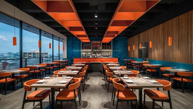 Interno di un ristorante di design moderno in pochi colori arancione e blu