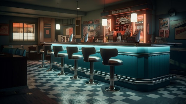 Interno di un ristorante retro con pavimento di piastrelle, jukebox ad illuminazione al neon e sgabelli da bar in stile art deco