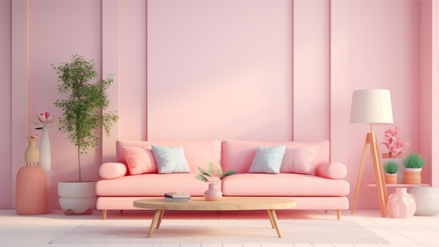 Interno di un salotto moderno con un divano rosa