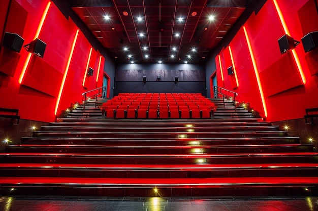 Interno di un teatro con illuminazione rossa e sedili rossi