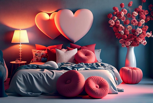 Interno di una bella camera da letto con cuscini a forma di cuore con rose e decorazioni per San Valentino Ai generativi