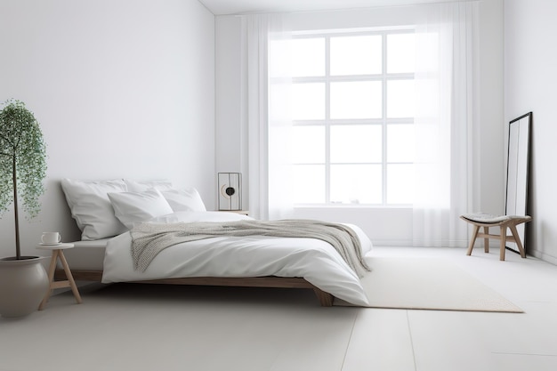 Interno di una bella camera da letto moderna con il letto di fronte al muro Generativa AI