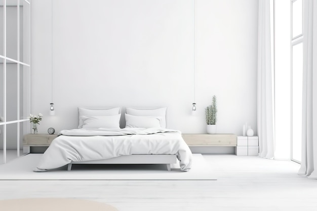 Interno di una bella camera da letto moderna con letto davanti al muro IA generativa