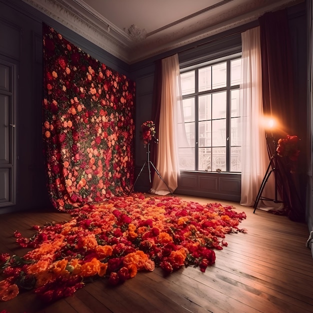 Interno di una camera classica decorata con rose rosse e gialle