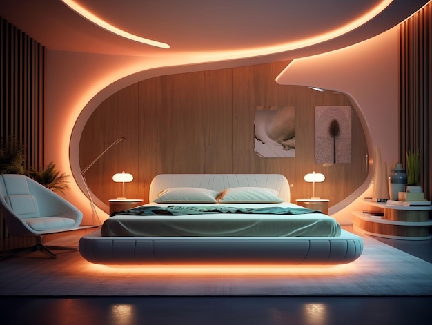 Interno di una camera da letto di lusso futuristica con letto dal disegno astratto del soffitto dipinto con luce al neon