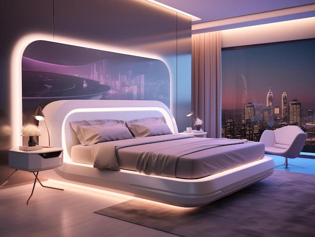 Interno di una camera da letto di lusso futuristica con letto dal disegno astratto del soffitto dipinto con luce al neon
