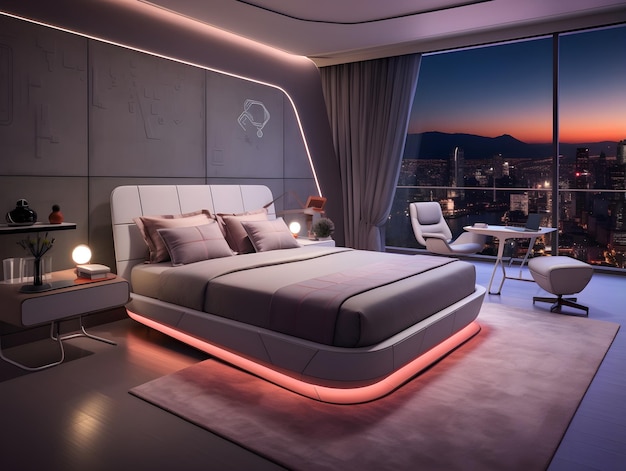 Interno di una camera da letto di lusso futuristica con letto dal disegno astratto del soffitto dipinto con luce al neon