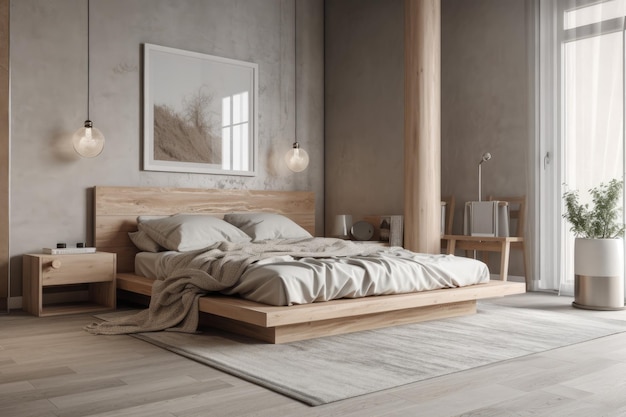 Interno di una camera da letto in legno di colore chiaro con un letto e lenzuola grigie vista laterale e un tappeto igienico decorato che copre un telaio prototipo di pavimento in cemento grigio