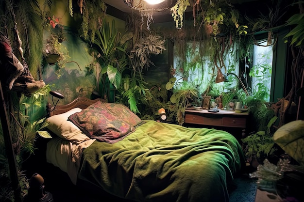 Interno di una camera da letto in un hotel con piante e una giungla all'interno Sogni e immaginazione sui viaggi delle fiabe Illustrazione dell'IA generativa