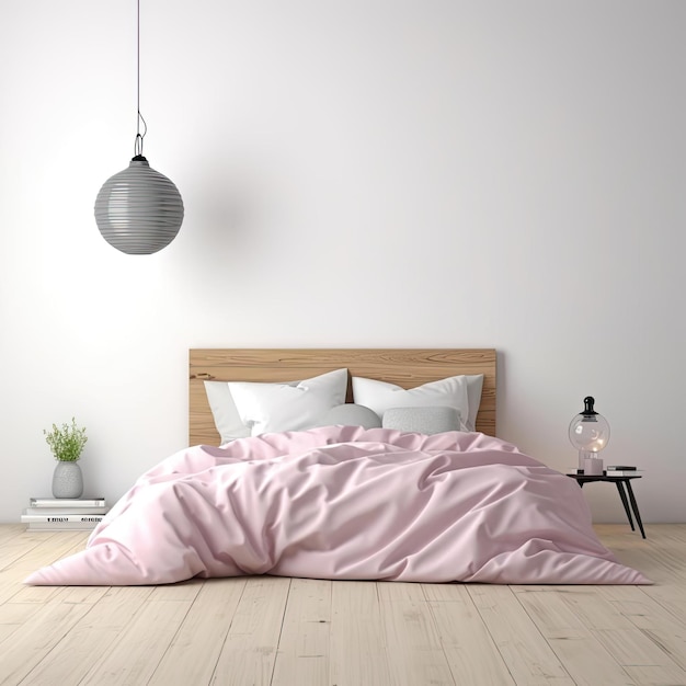 Interno di una camera da letto moderna con pareti bianche, pavimento in legno e lenzuola rosa