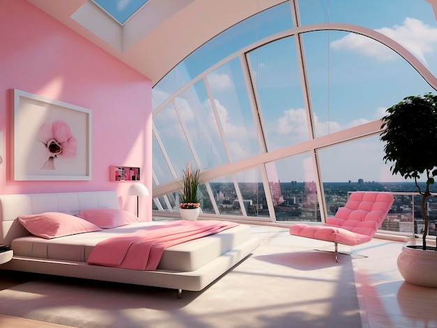 interno di una camera da letto rosa con finestra panoramica con vista sulla città