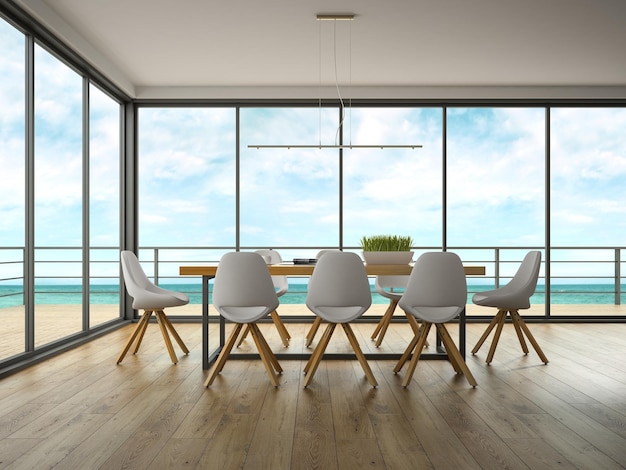 Interno di una camera dal design moderno con rendering 3D vista mare