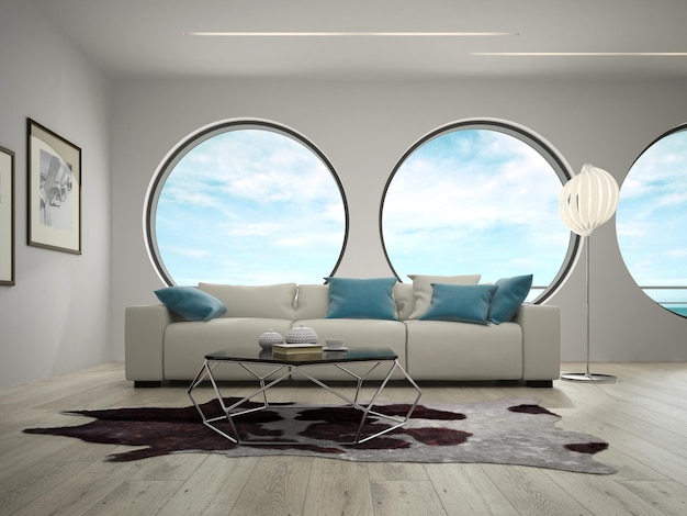 Interno di una camera dal design moderno con rendering 3D vista mare