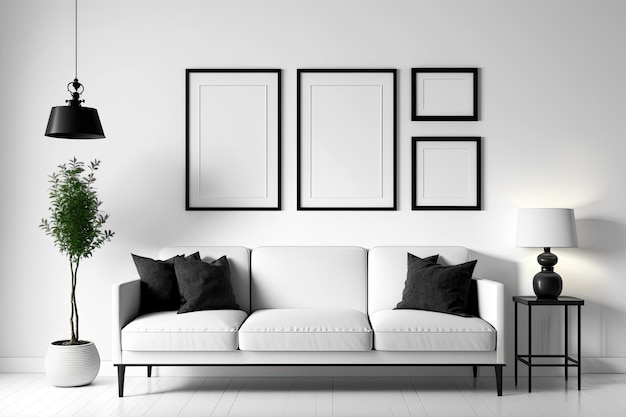 Interno di una camera elegante e contemporanea con divano e cornici vuote
