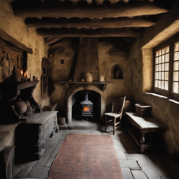 interno di una casa medievale nel villaggiovecchia casa di legno in città