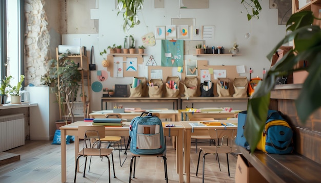 Interno di una classe vuota elegante con zaini e articoli di cancelleria