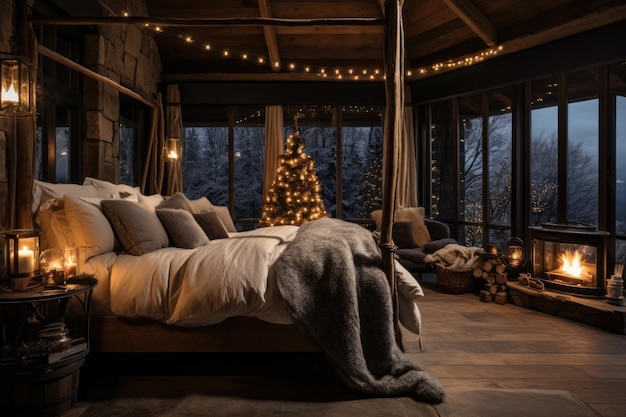 Interno di una confortevole camera da letto montana con decorazione natalizia grande letto e grande finestra
