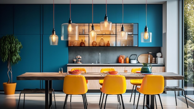 Interno di una cucina accogliente e moderna Teapot e tazze colorate AI generativa