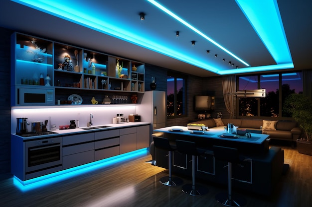 Interno di una cucina moderna con illuminazione al neon blu e viola rendering 3d