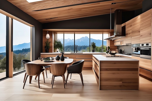 Interno di una cucina moderna con pareti in legno e pavimento in legno