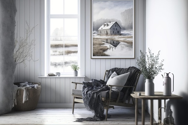 Interno di una finta cornice in un soggiorno di una fattoria scandinava