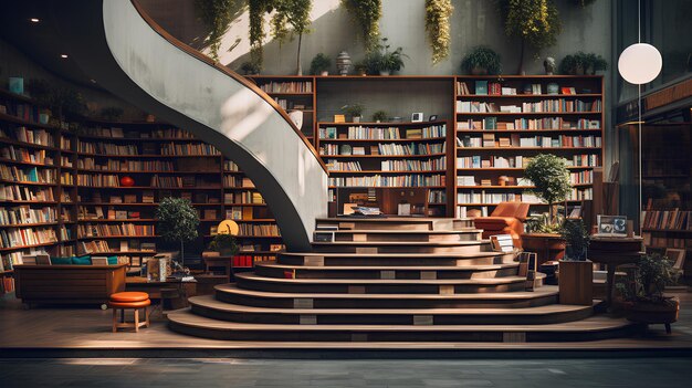 interno di una moderna biblioteca con scaffali e libri