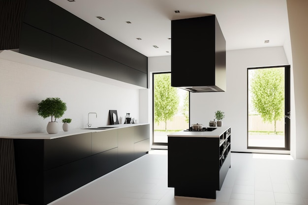 Interno di una moderna cucina minimalista con una cucina integrata funzionale e un'isola per cucina