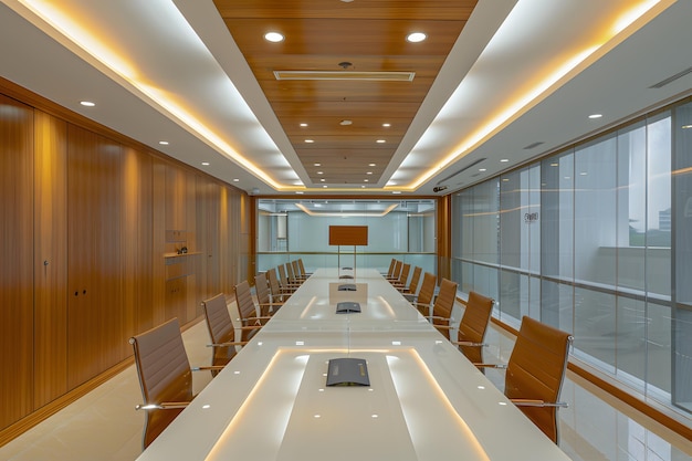Interno di una moderna sala conferenze con pareti e soffitto in legno