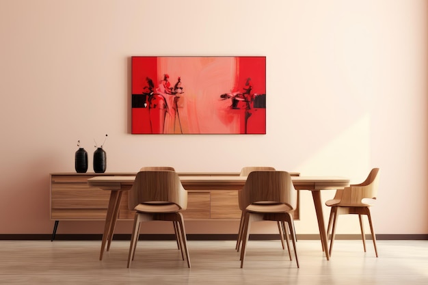 Interno di una moderna sala da pranzo con tavolo in legno e sedia rossa