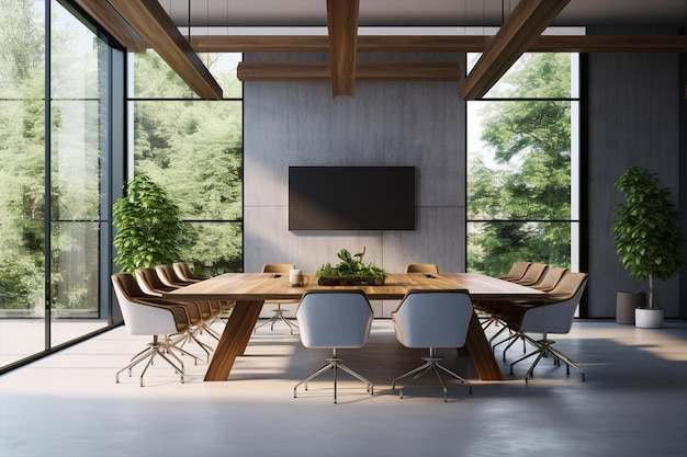 Interno di una moderna sala riunioni con pareti in cemento e tavolo da conferenza in legno