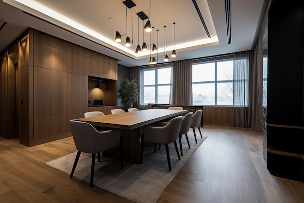 Interno di una moderna sala riunioni con tavolo in legno e sedie nere IA generativa